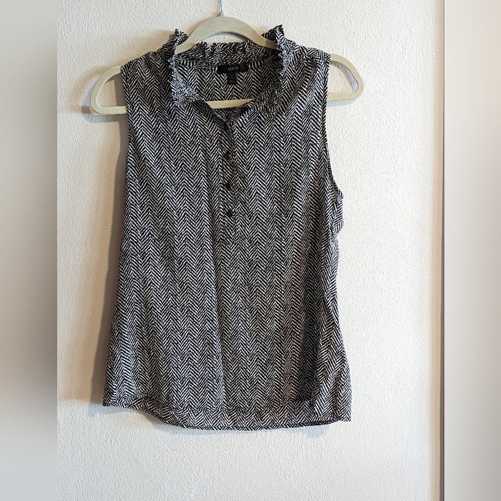 J Crew Sleeveless Blouse, 100% Silk, Black And White, Size 8